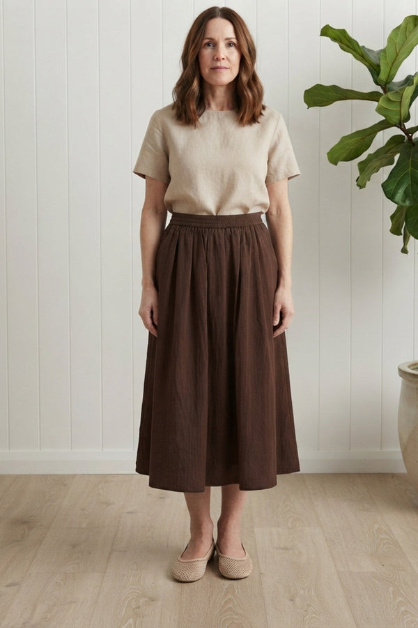 Shirred High Waist A-Line Midi Skirt| CHOCOLATE
