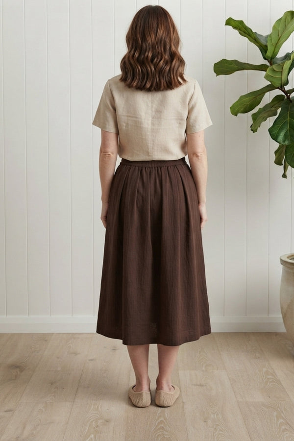 Shirred High Waist A-Line Midi Skirt| CHOCOLATE