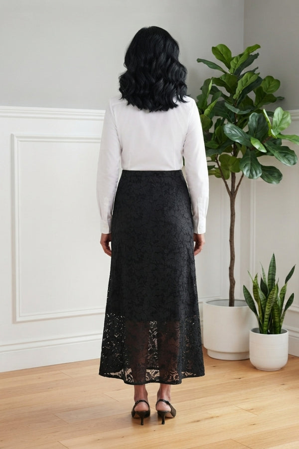 Lace Textured High Waist Maxi Skirt| BLACK