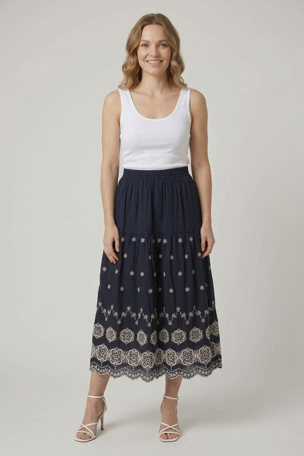 High Waist Embroidered Midi Skirt| NAVY