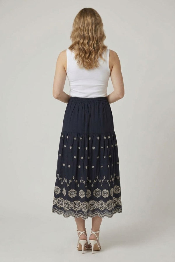 High Waist Embroidered Midi Skirt| NAVY