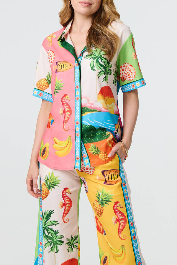 MULTI WHITE | Tropical Print Shirt Trousers Co-Ord Set