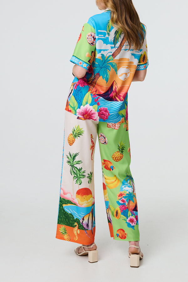 MULTI WHITE | Tropical Print Shirt Trousers Co-Ord Set
