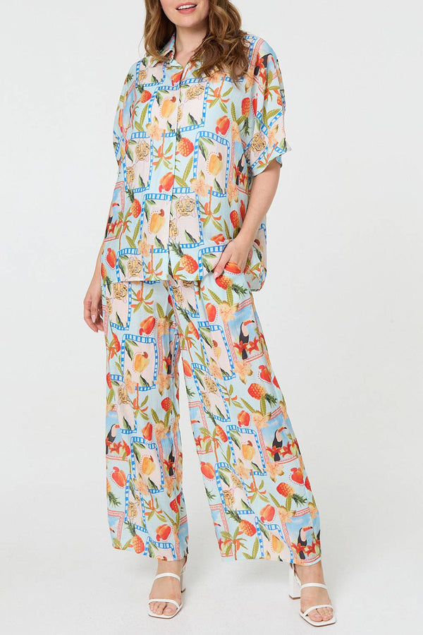 MULTI BLUE | Patchwork Print Relaxed 1/2 Sleeve Shirt