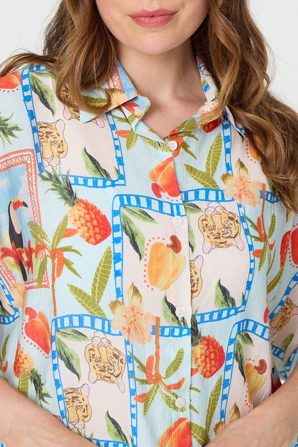 MULTI BLUE | Patchwork Print Relaxed 1/2 Sleeve Shirt