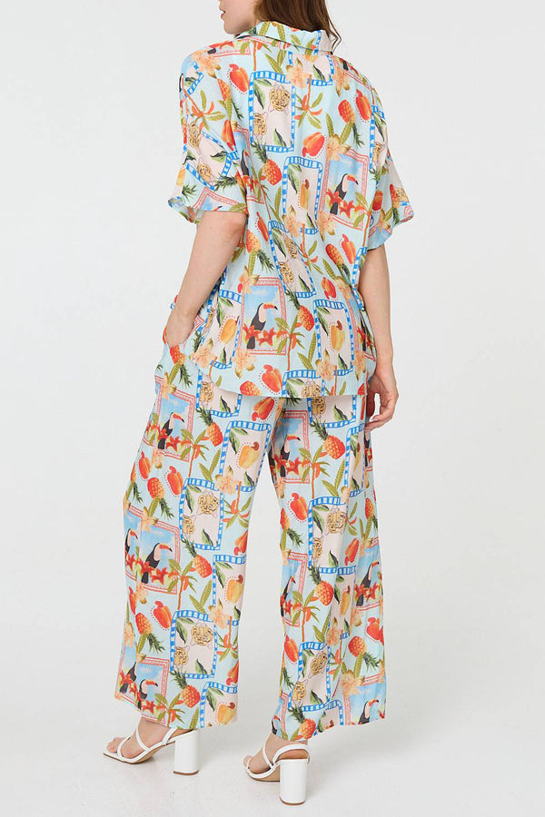 MULTI BLUE | Patchwork Print Relaxed 1/2 Sleeve Shirt