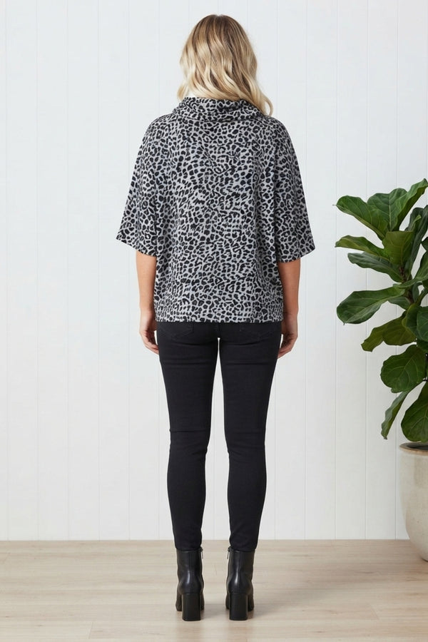 Animal Print 1/2 Sleeve Cowl Neck Top| GREY