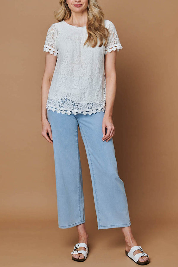 Lace Textured Semi Sheer Bardot Top| WHITE