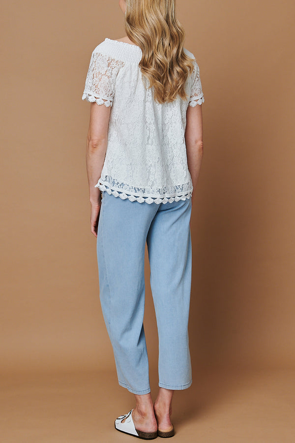 Lace Textured Semi Sheer Bardot Top| WHITE