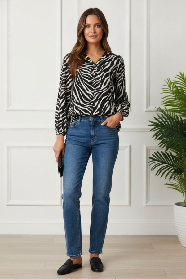 Zebra Print Long Sleeve V-Neck Blouse