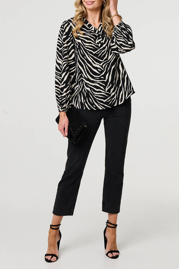 BLACK | Zebra Print Long Sleeve V-Neck Blouse