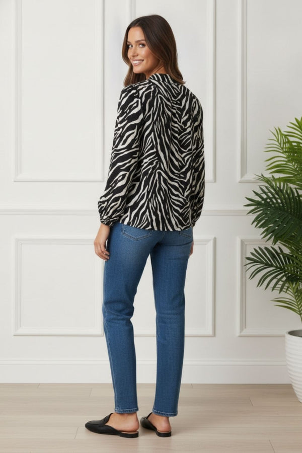 Zebra Print Long Sleeve V-Neck Blouse