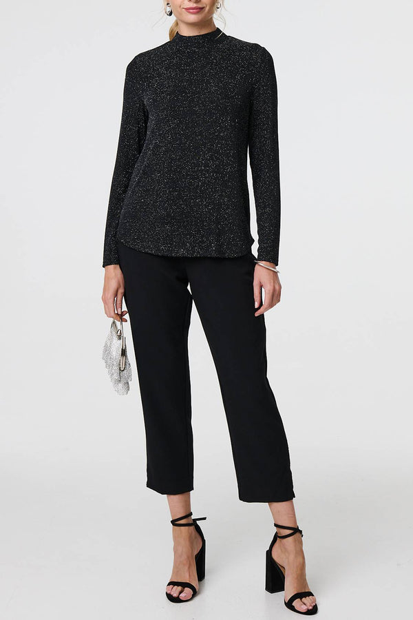 BLACK | Glittery High Neck Long Sleeve Top