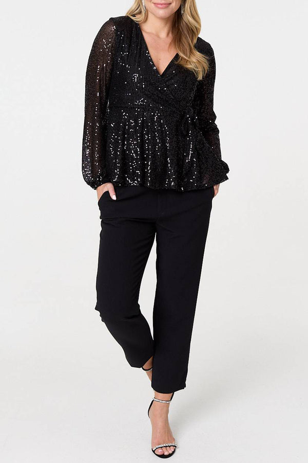 BLACK | Sequinned Long Sleeve Peplum Wrap Top