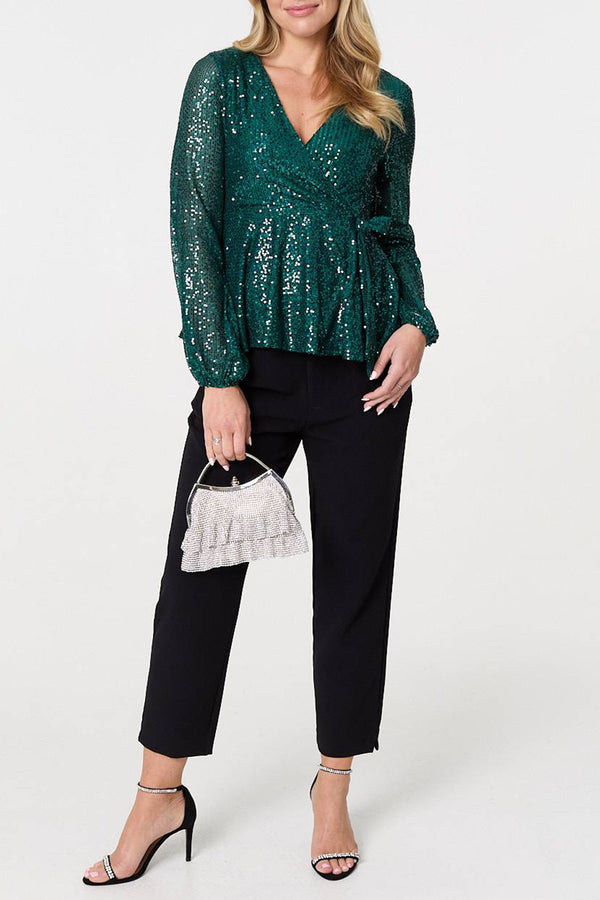 PINE | Sequinned Long Sleeve Peplum Wrap Top