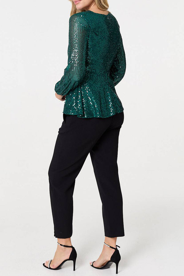 PINE | Sequinned Long Sleeve Peplum Wrap Top