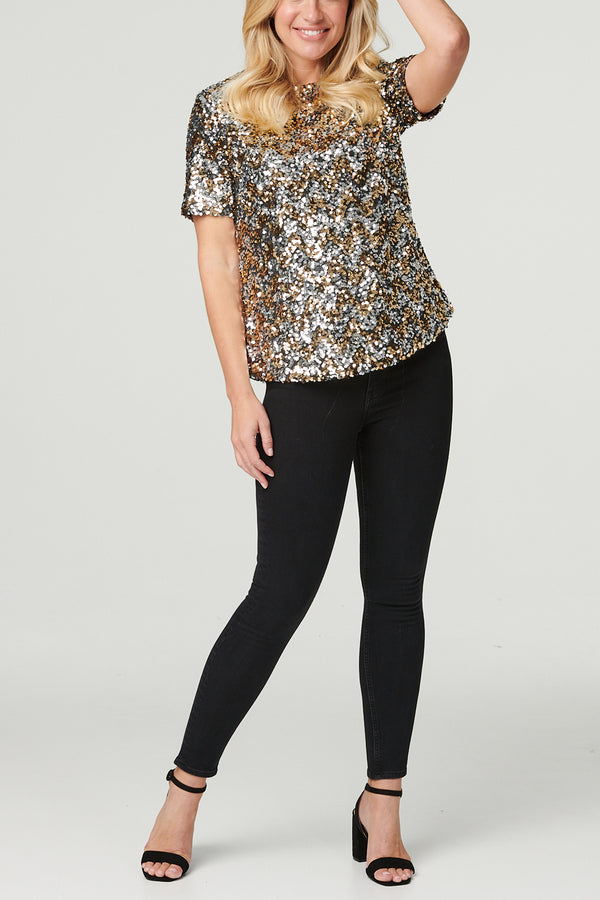 GOLD AND SILVER | Sequin Short Sleeve Fitted Top