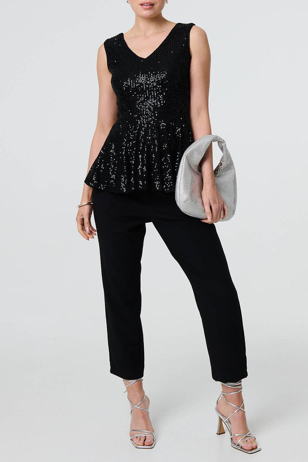 BLACK | Sequin Embellished Sleeveless Peplum Top