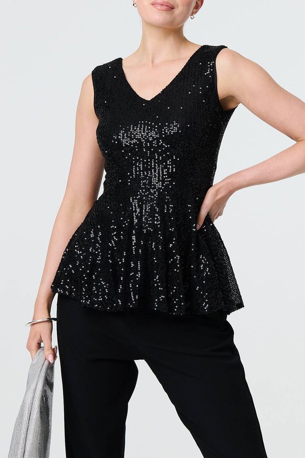 BLACK | Sequin Embellished Sleeveless Peplum Top