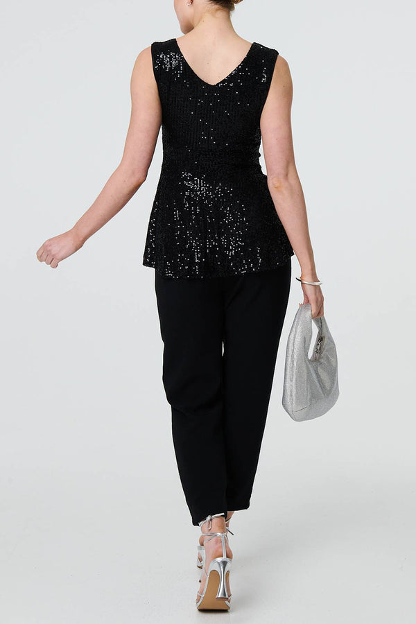 BLACK | Sequin Embellished Sleeveless Peplum Top