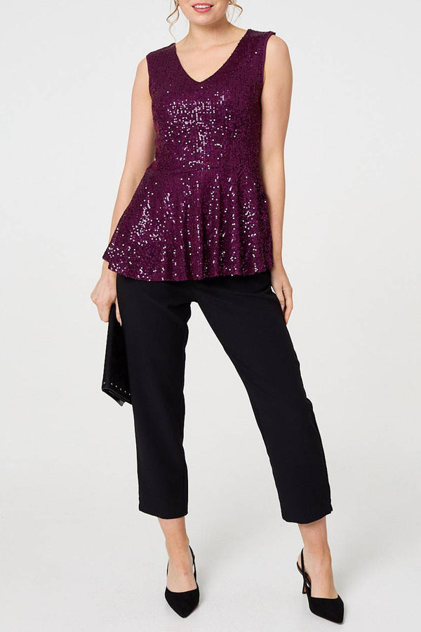 PURPLE | Sequin Embellished Sleeveless Peplum Top