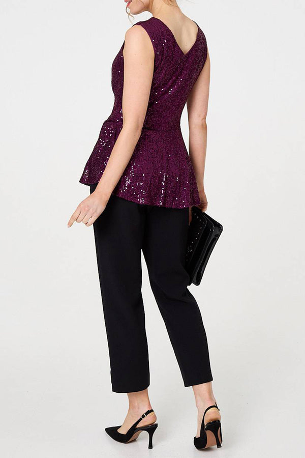 PURPLE | Sequin Embellished Sleeveless Peplum Top