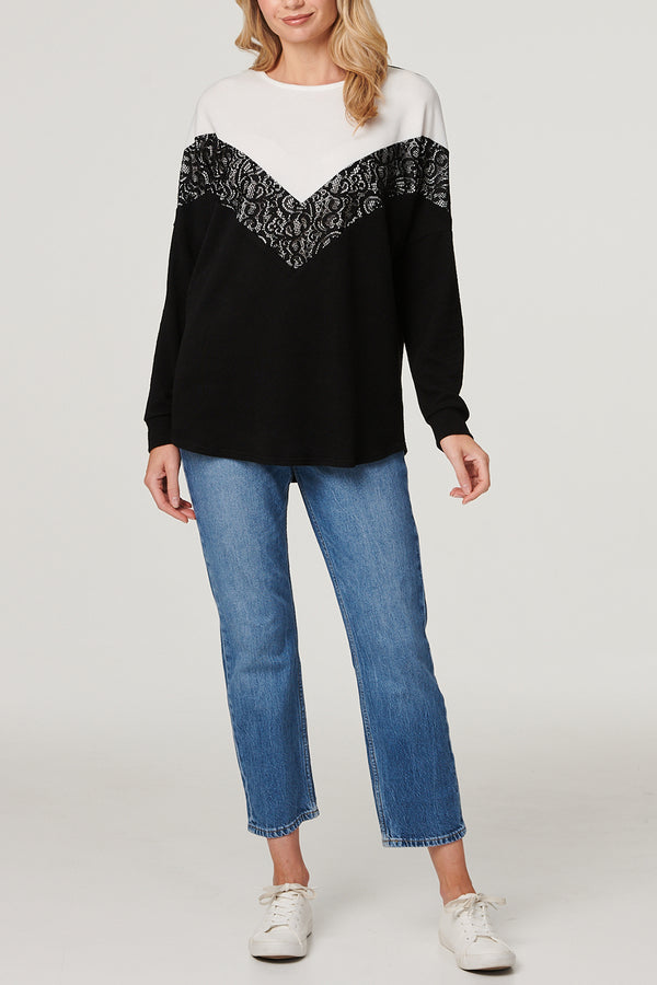 BLACK AND WHITE | Lace Detail Relaxed Knit Jumper
