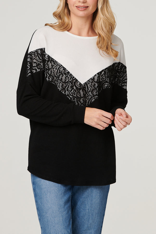 BLACK AND WHITE | Lace Detail Relaxed Knit Jumper