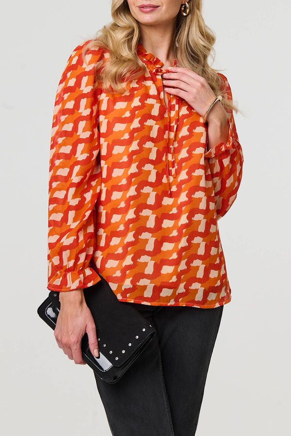 ORANGE | Printed Tie Neck Long Puff Sleeve Blouse