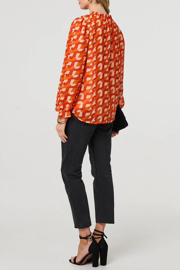 ORANGE | Printed Tie Neck Long Puff Sleeve Blouse