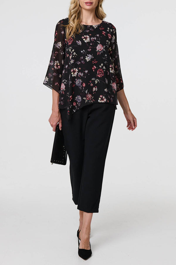 BLACK | Floral 3/4 Sleeve Hanky Hem Blouse