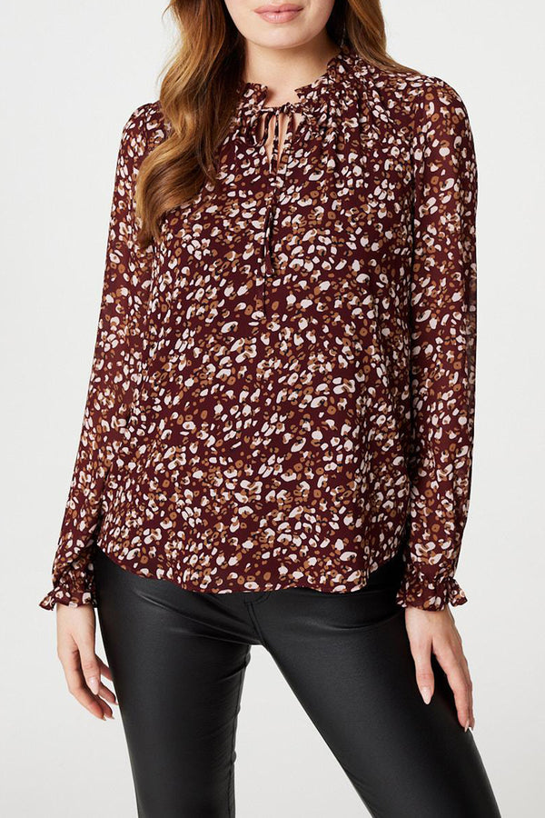 WINE| Floral Print High Neck Chiffon Blouse