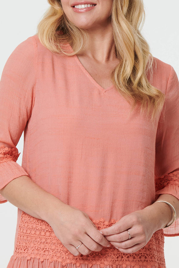 PINK | Lace Trim 3/4 Frill Sleeve Tunic Blouse