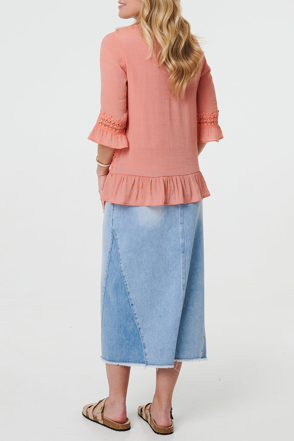 PINK | Lace Trim 3/4 Frill Sleeve Tunic Blouse