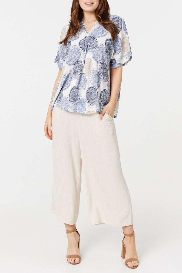 BLUE | Printed V-Neck Relaxed Blouse