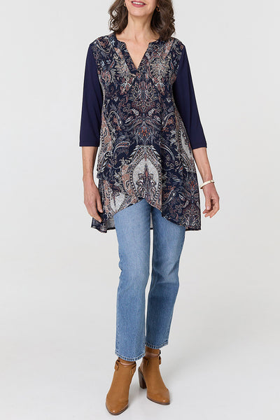 NAVY | Paisley Print Semi Sheer Layered Tunic