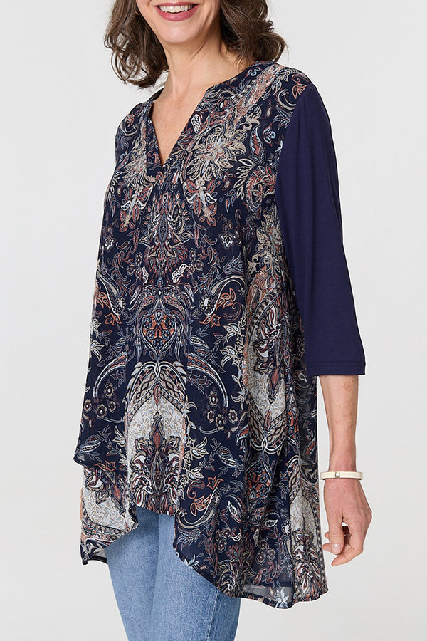 NAVY | Paisley Print Semi Sheer Layered Tunic