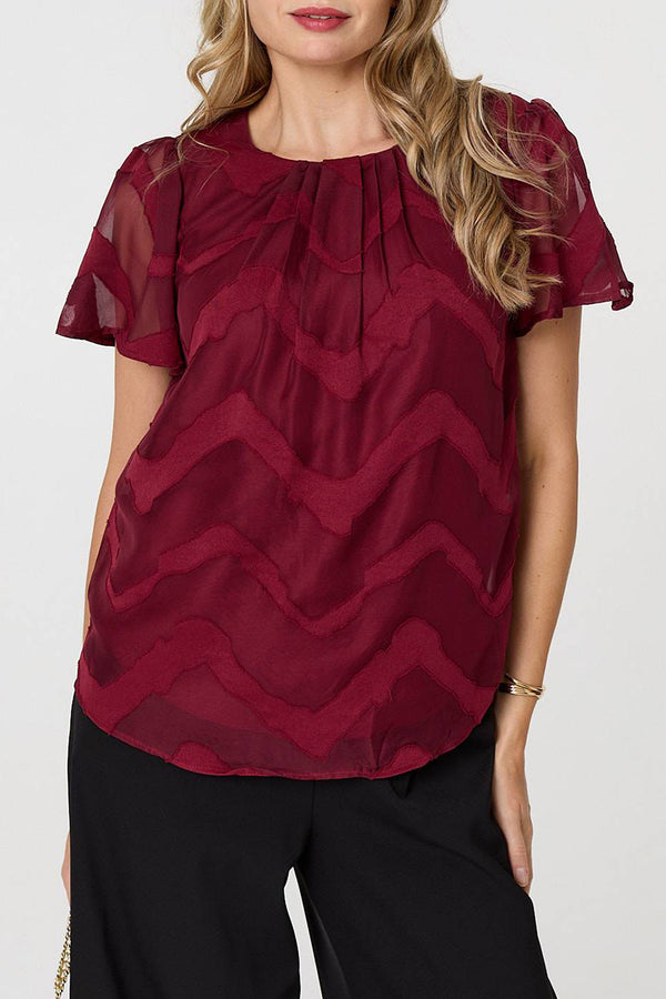 BURGUNDY | Chevron Print Semi Sheer Layer Blouse