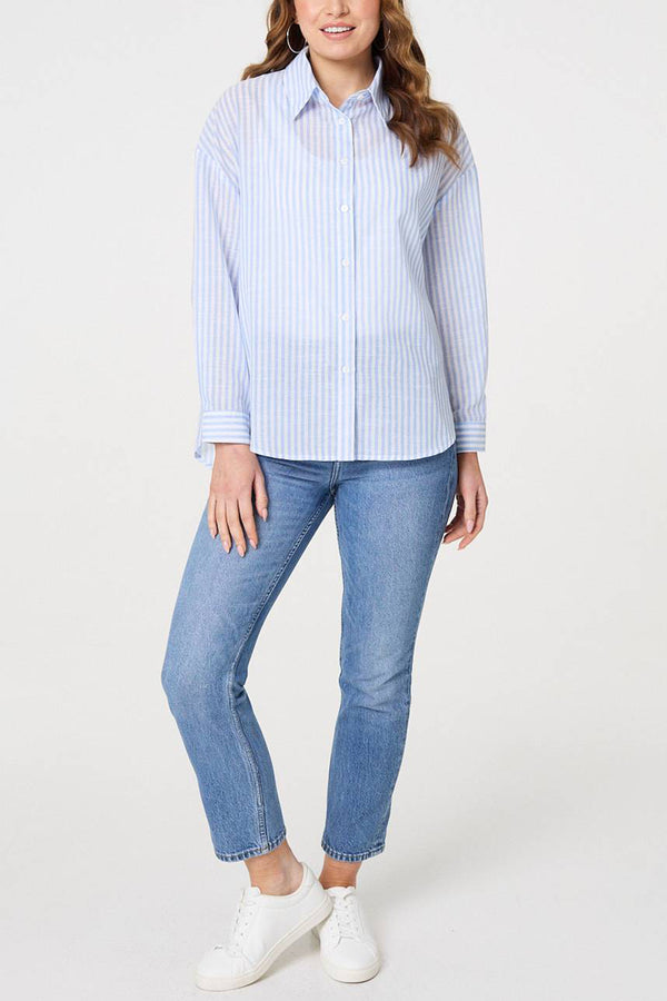 Striped Long Sleeve Relaxed Shirt| BLUE