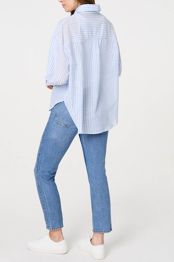 Striped Long Sleeve Relaxed Shirt| BLUE