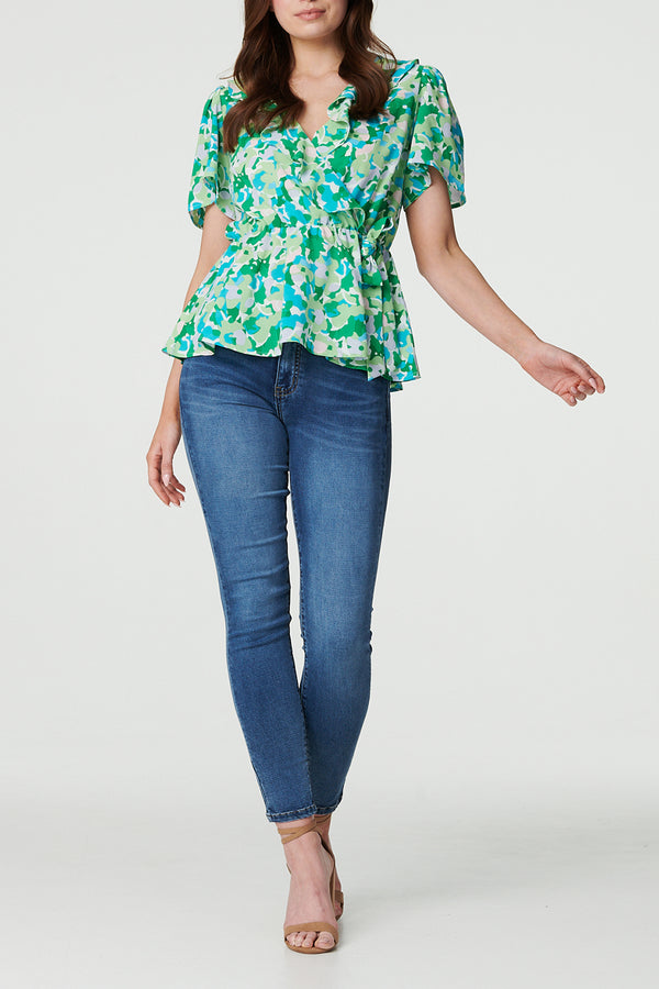 MULTI GREEN | Floral Frill Wrap Front Blouse