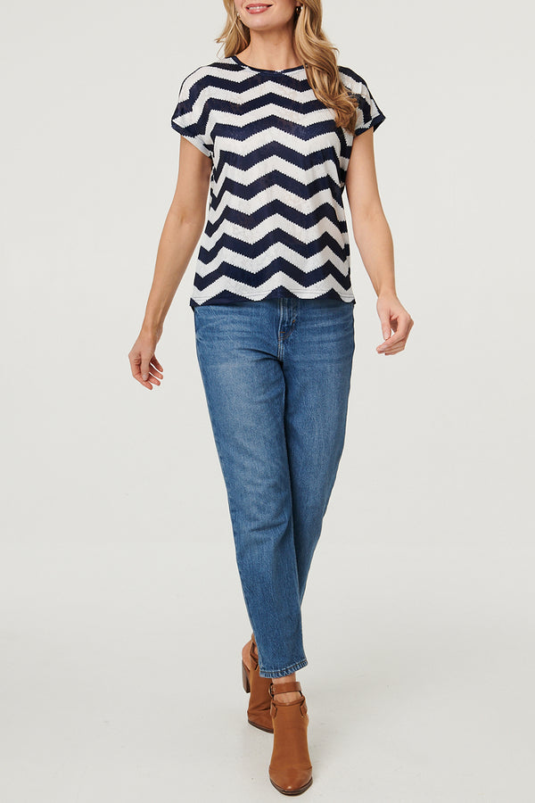 Zig Zag Print Cap Sleeve Slim Top| NAVY
