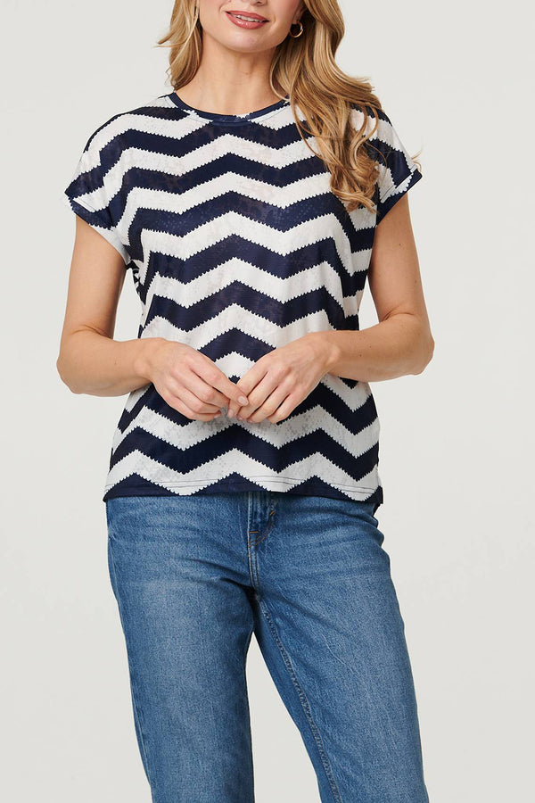Zig Zag Print Cap Sleeve Slim Top| NAVY