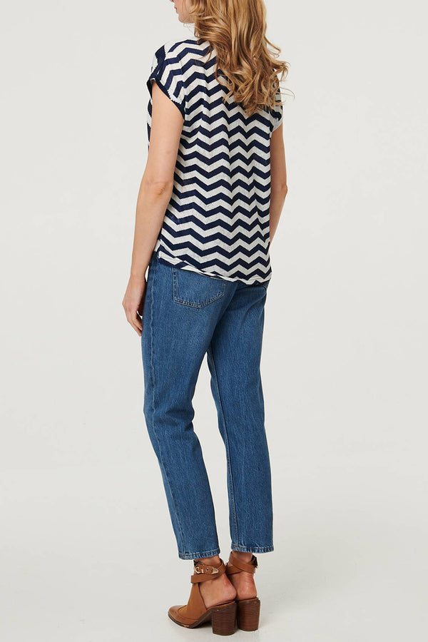 Zig Zag Print Cap Sleeve Slim Top| NAVY