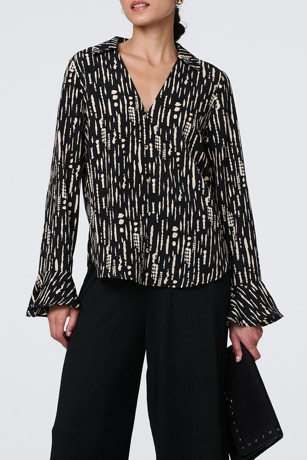 BLACK | Abstract Print Long Sleeve Blouse