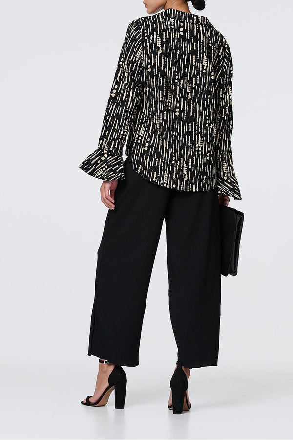 BLACK | Abstract Print Long Sleeve Blouse