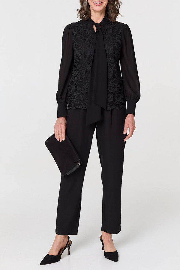BLACK | Floral Lace Texture Tie Neck Blouse
