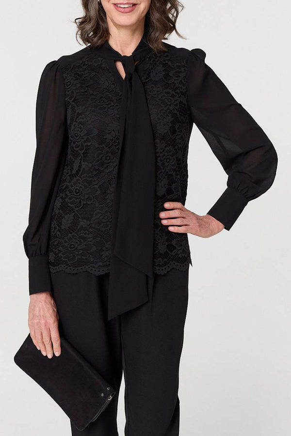 BLACK | Floral Lace Texture Tie Neck Blouse