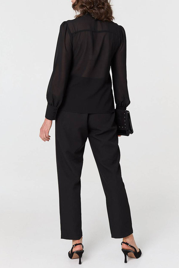 BLACK | Floral Lace Texture Tie Neck Blouse