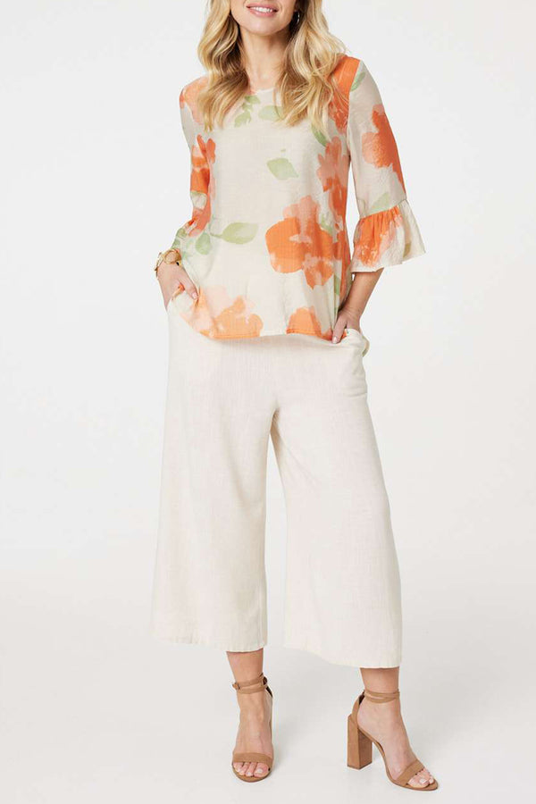 MULTI ORANGE | Floral Flute Sleeve High Low Blouse
